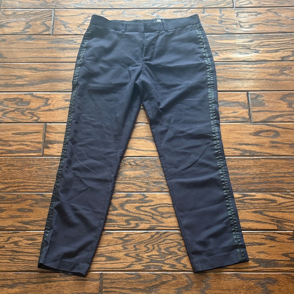 Elegant Men's Dark Blue Trousers with Black Accents Tuxedo style.